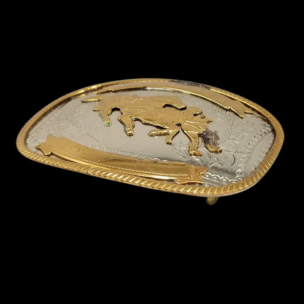 Vintage Belt Buckle Steer Wrestling German‎ Silver Gold Rodeo Western Oval